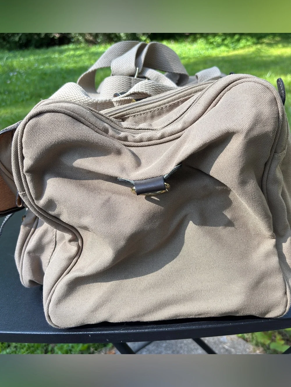 VTG Eddie Bauer Ford Mulholland Brothers Duffel Bag Tan Canvas Leather